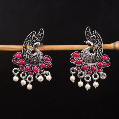 Red Stone Studded Peacock Earrings