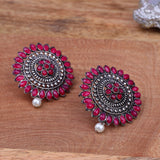 Red Stone Studded Intricate Oxidised Stud Earrings