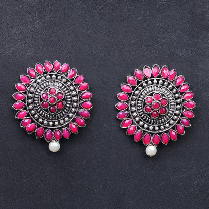 Red Stone Studded Intricate Oxidised Stud Earrings