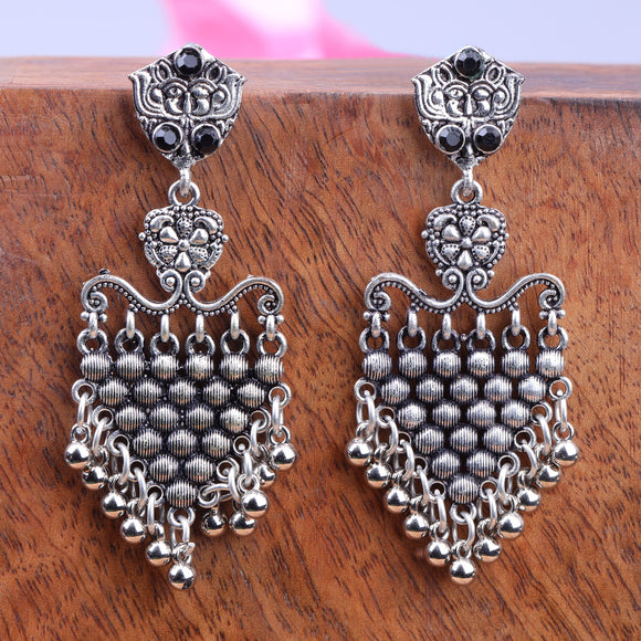 Black Stone Studded Intricate Oxidised Dangler Earrings