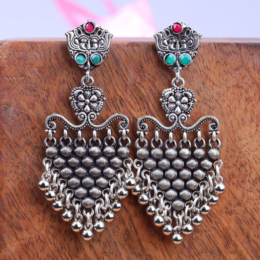 Multicolored Stone Studded Intricate Oxidised Dangler Earrings