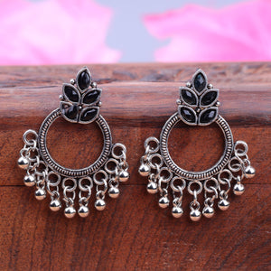 Black Stone Studded Intricate Oxidised Earrings