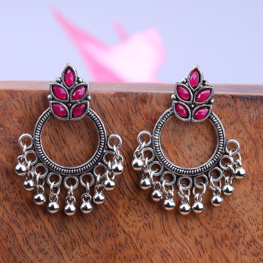 Red Stone Studded Intricate Oxidised Earrings