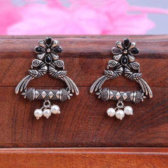 Black Stone Studded Elegant Earrings With Hanging Baby Pearls