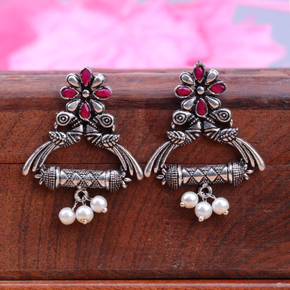 Red Stone Studded Elegant Earrings With Hanging Baby Pearls