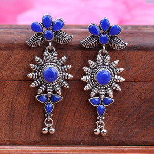 Blue Stone Studded Oxidised Earrings