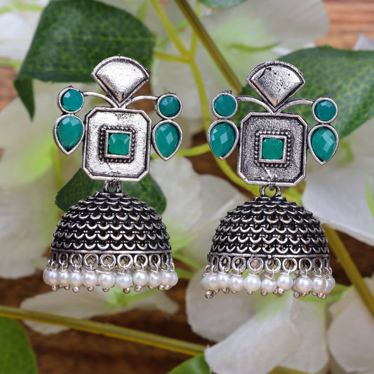 Green Stone Studded Statement Earrings With Hanging Jhumka Embellished With Baby Pearls