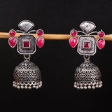 Red Stone Studded Statement Earrings With Hanging Jhumka Embellished With Baby Pearls
