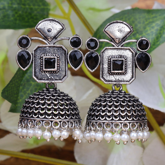 Black Stone Studded Statement Earrings With Hanging Jhumka Embellished With Baby Pearls