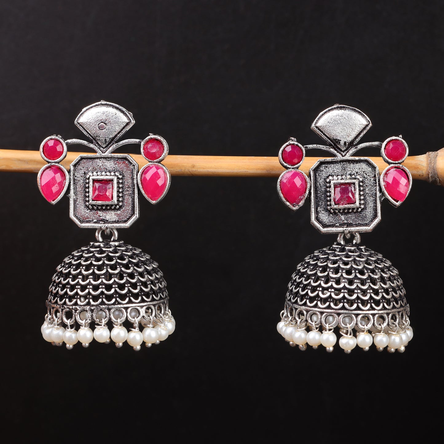 Red Stone Studded Statement Earrings With Hanging Jhumka Embellished With Baby Pearls