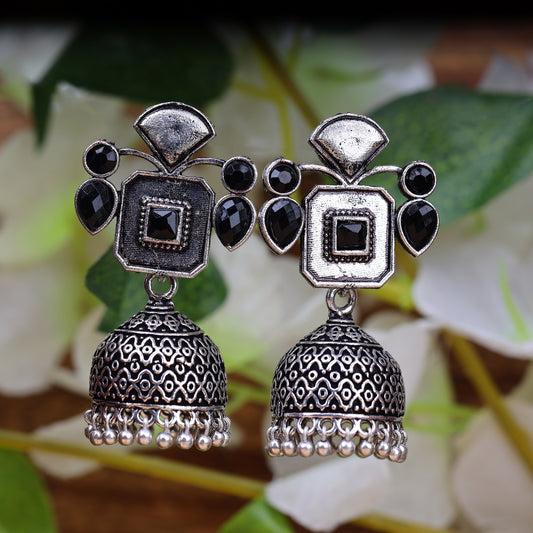 Black Stone Studded Statement Earrings With Hanging Jhumka Embellished With Baby Pearls