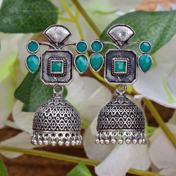 Green Stone Studded Statement Earrings With Hanging Jhumka Embellished With Baby Pearls