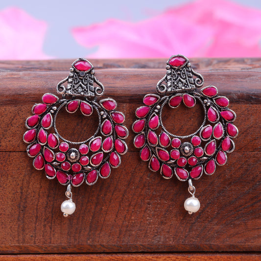 Red Stone Studded Intricate Earrings With Hanging Baby Pearl