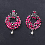 Red Stone Studded Intricate Earrings With Hanging Baby Pearl