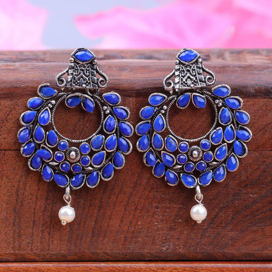 Blue Stone Studded Intricate Earrings With Hanging Baby Pearl