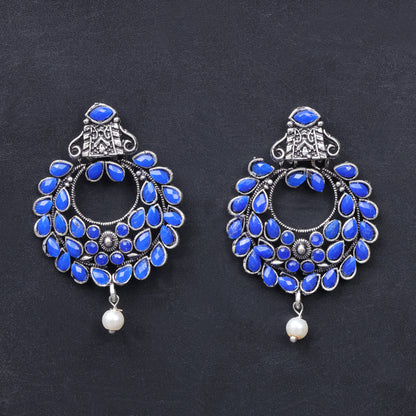 Blue Stone Studded Intricate Earrings With Hanging Baby Pearl