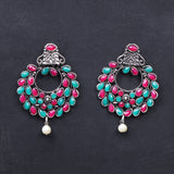 Multicolored Stone Studded Intricate Earrings With Hanging Baby Pearl