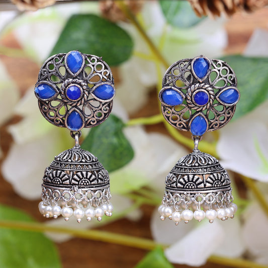 Blue Stone Studded Statement Earrings With Hanging Jhumka Embellished With Baby Pearls