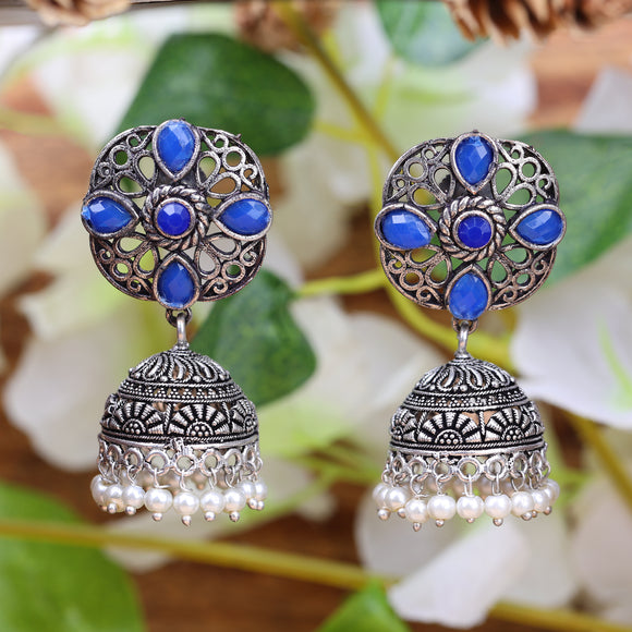 Sky Blue stone studded triple layered jhumkas – StylishKudi