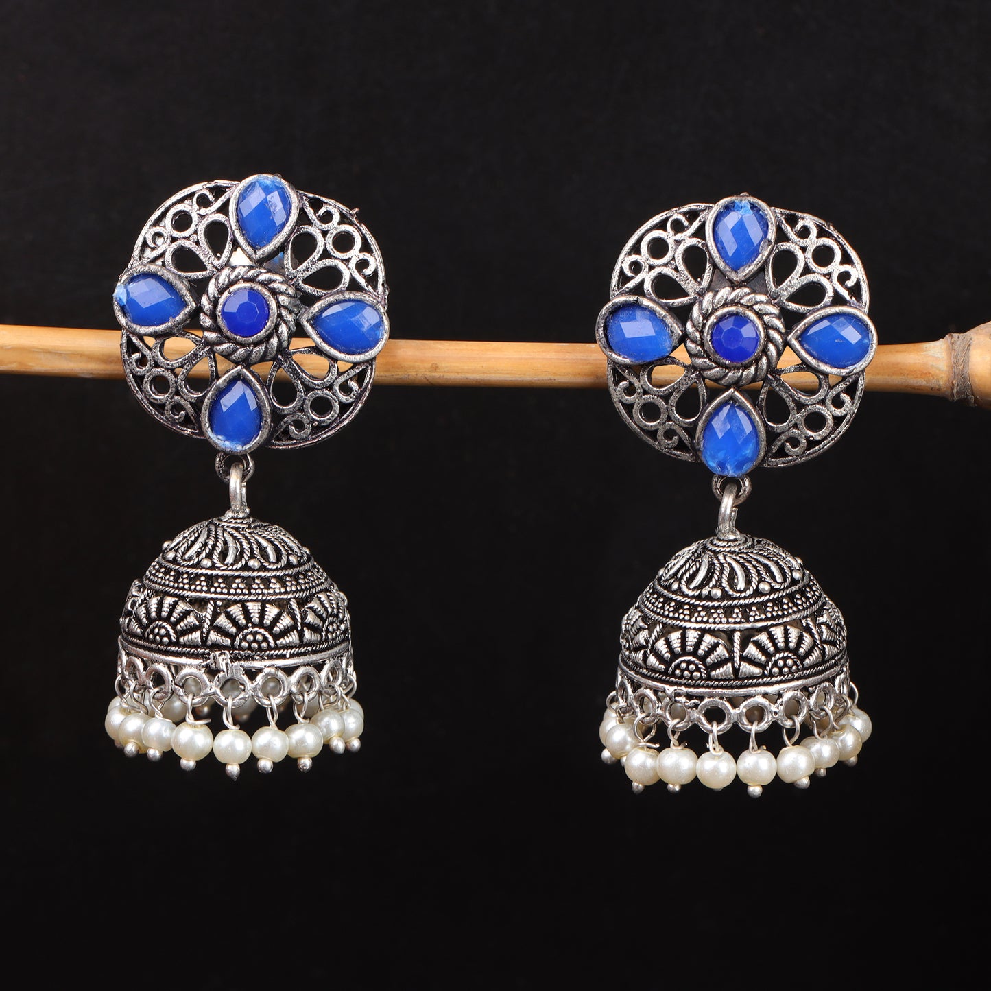 Blue Stone Studded Statement Earrings With Hanging Jhumka Embellished With Baby Pearls