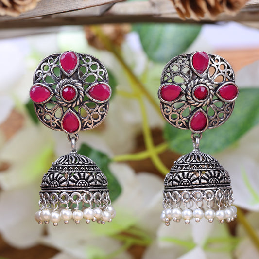 Red Stone Studded Statement Earrings With Hanging Jhumka Embellished With Baby Pearls