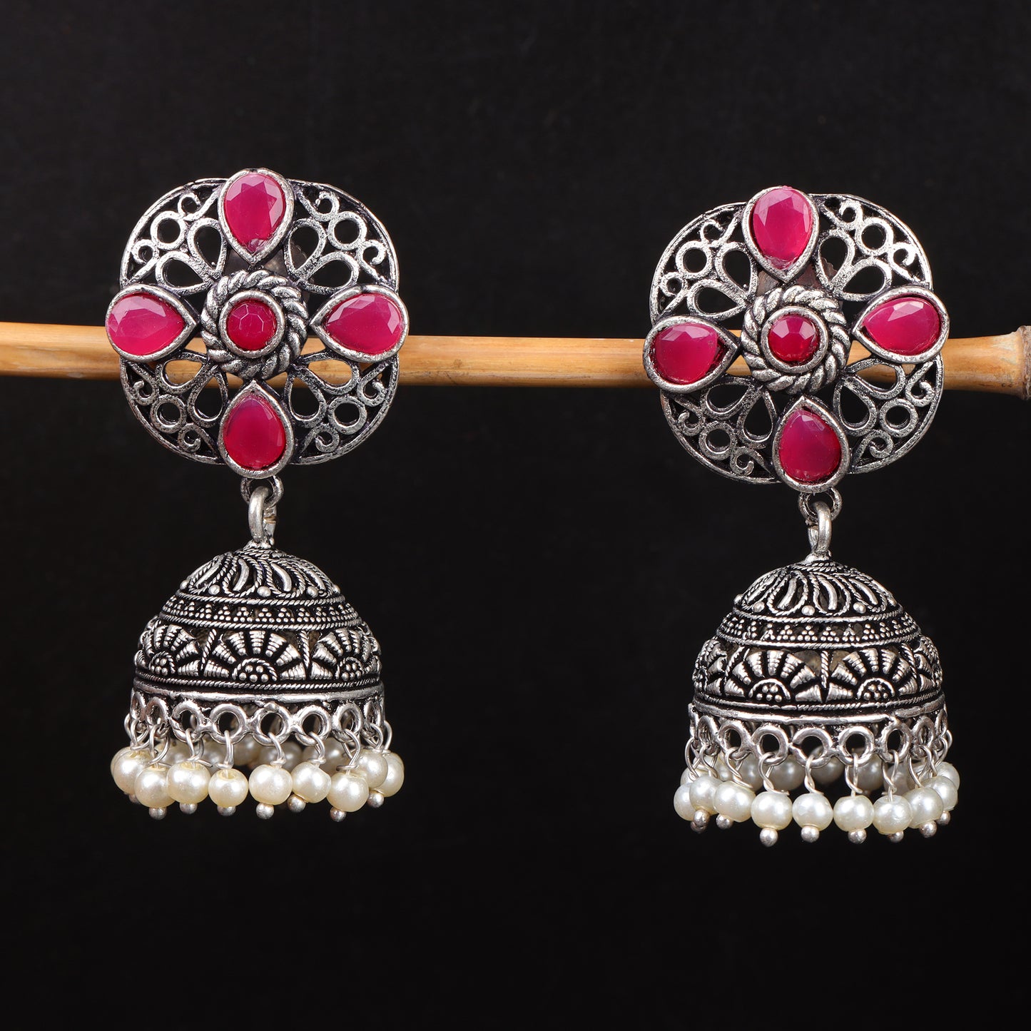 Red Stone Studded Statement Earrings With Hanging Jhumka Embellished With Baby Pearls