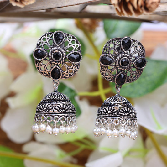 Black Stone Studded Statement Earrings With Hanging Jhumka Embellished With Baby Pearls