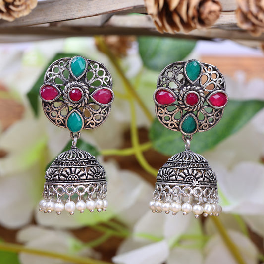 Multicolored Stone Studded Statement Earrings With Hanging Jhumka Embellished With Baby Pearls