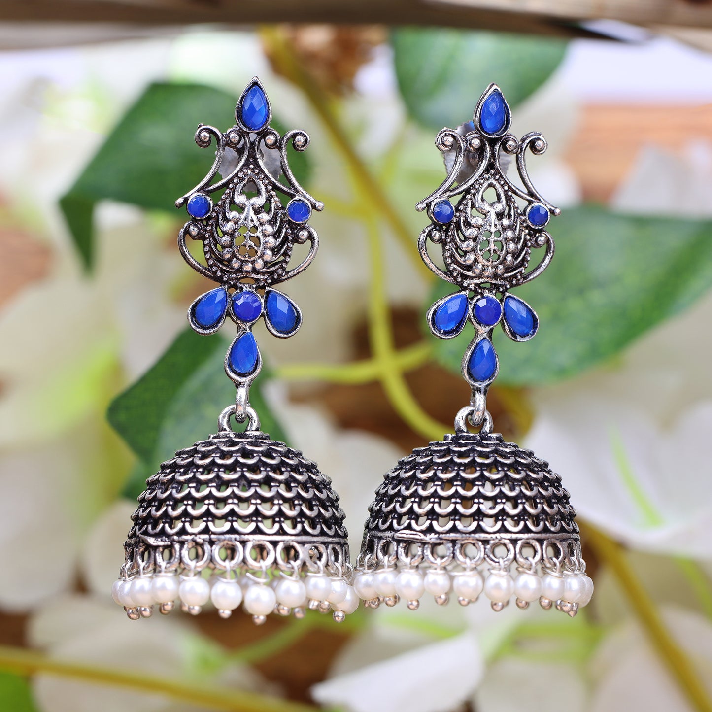 Blue Stone Studded Intricate Danglers With Hanging Jhumki