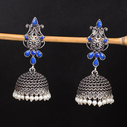 Blue Stone Studded Intricate Danglers With Hanging Jhumki