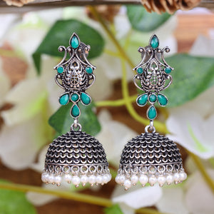 Green Stone Studded Intricate Danglers With Hanging Jhumki
