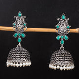 Green Stone Studded Intricate Danglers With Hanging Jhumki