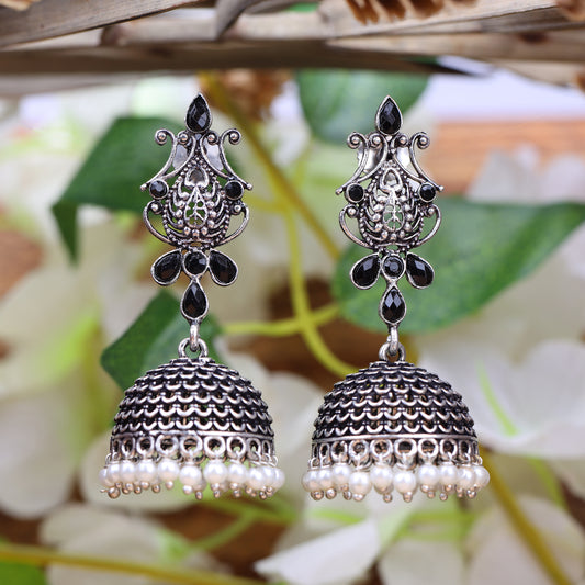 Black Stone Studded Intricate Danglers With Hanging Jhumki