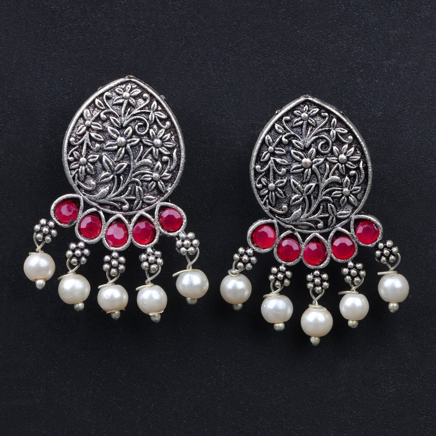 Red Stone Studded Elegant Oxidised Stud Earrings