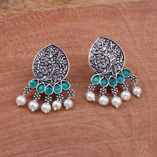 Green Stone Studded Elegant Oxidised Stud Earrings