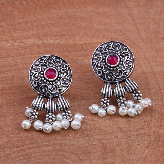 Red Stone Studded Elegant Oxidised Stud Earrings