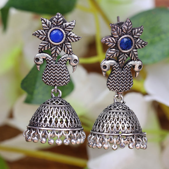 Blue Stone Studded Intricate Danglers With Hanging Jhumki
