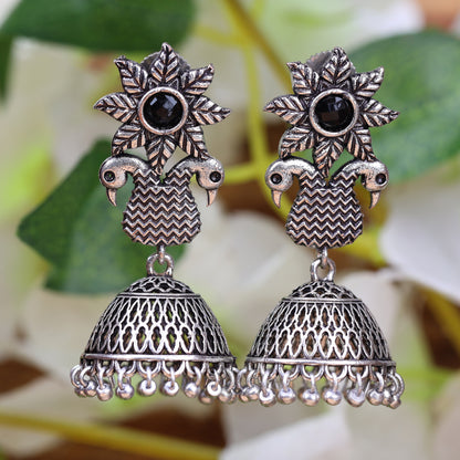 Black Stone Studded Intricate Danglers With Hanging Jhumki