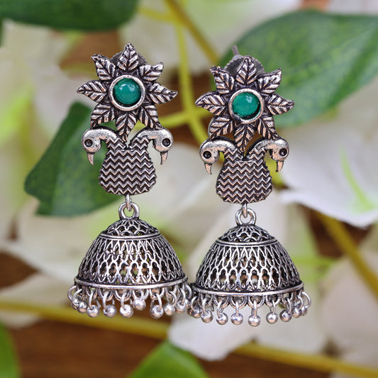 Green Stone Studded Intricate Danglers With Hanging Jhumki