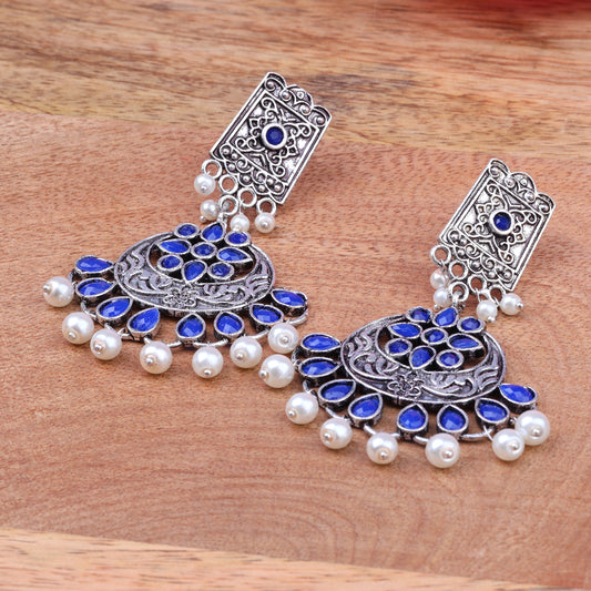 Blue Stone Studded Statement Dangler Earrings