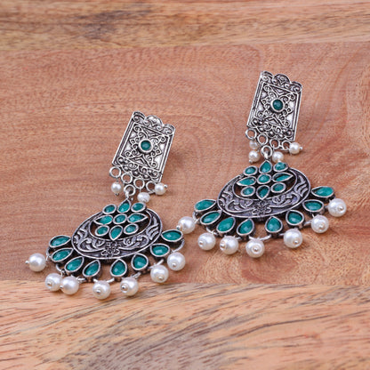 Green Stone Studded Statement Dangler Earrings