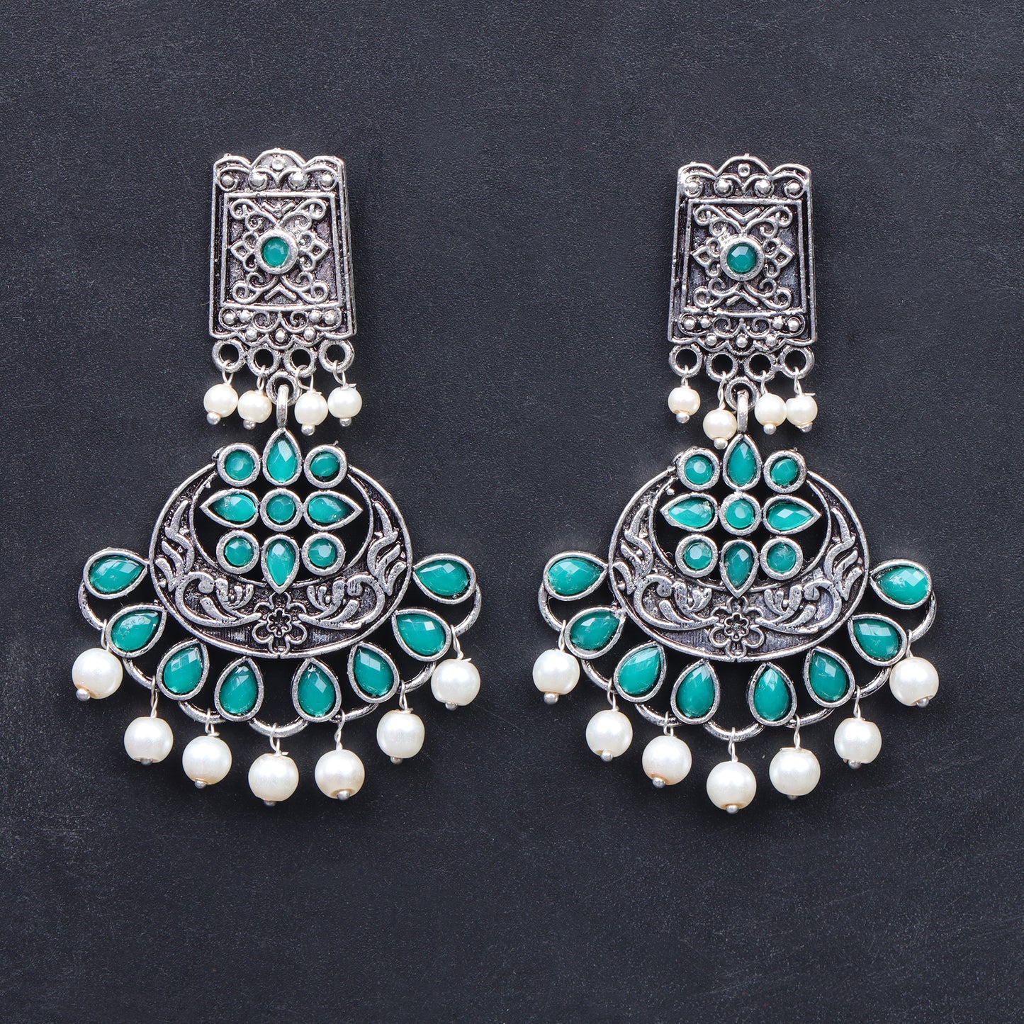 Green Stone Studded Statement Dangler Earrings