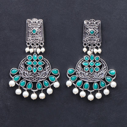 Green Stone Studded Statement Dangler Earrings