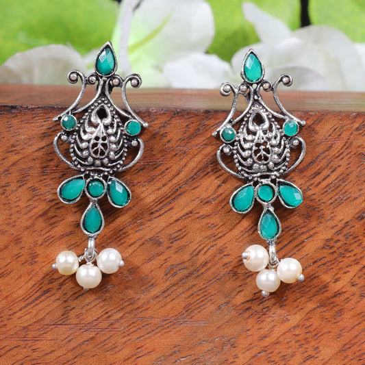 Green Stone Studded Tiny Earrings With Hanging Pearls