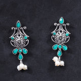 Green Stone Studded Tiny Earrings With Hanging Pearls
