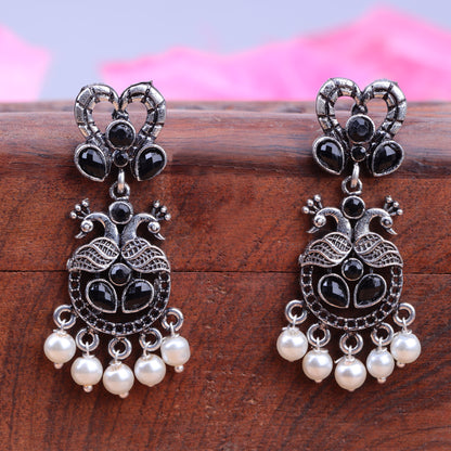 Black Stone Studded Delicate Oxidised Earrings With Hanging Pearls