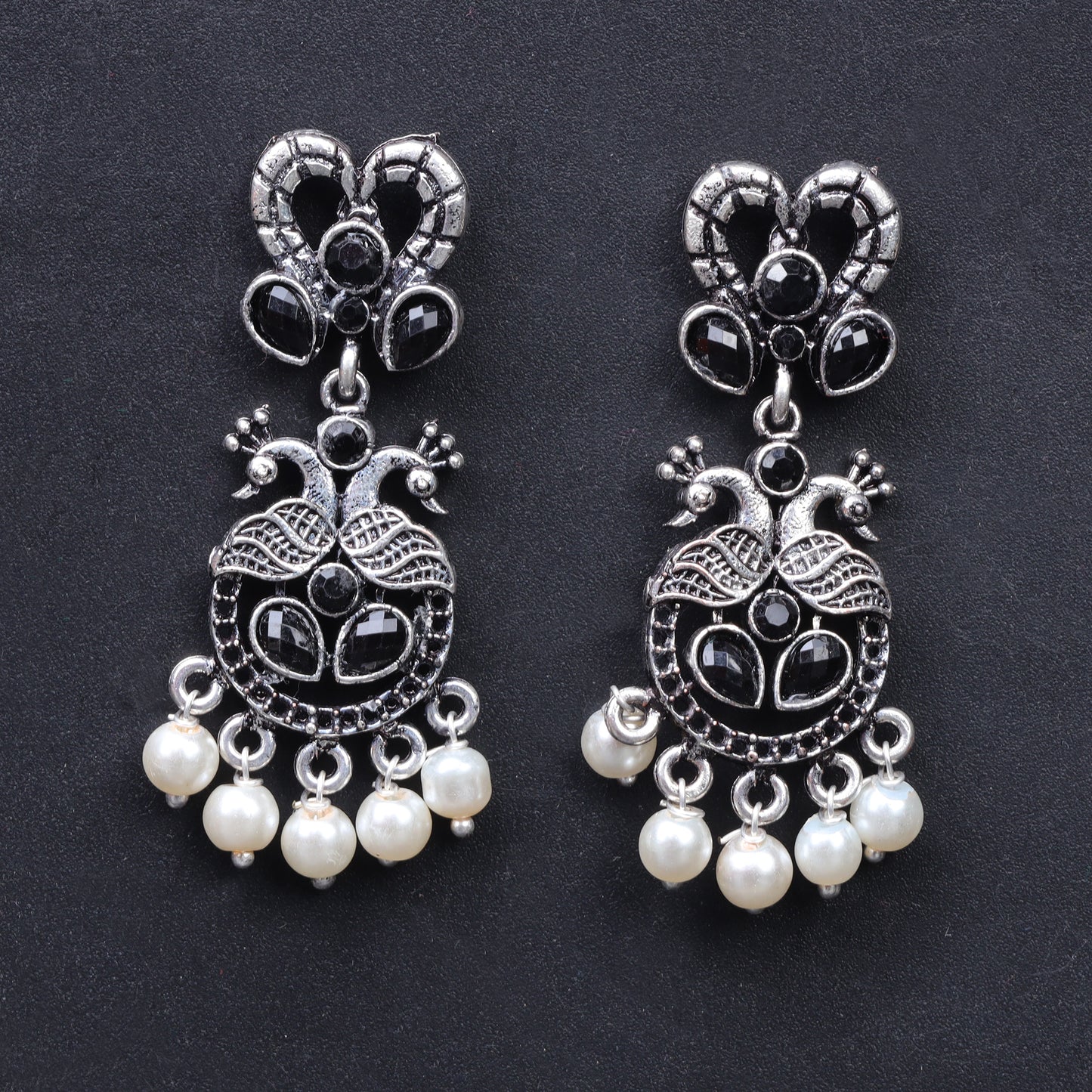 Black Stone Studded Delicate Oxidised Earrings With Hanging Pearls