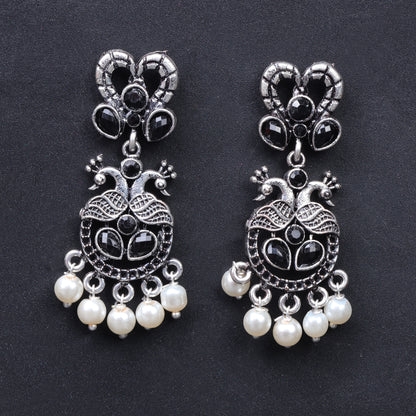 Black Stone Studded Delicate Oxidised Earrings With Hanging Pearls