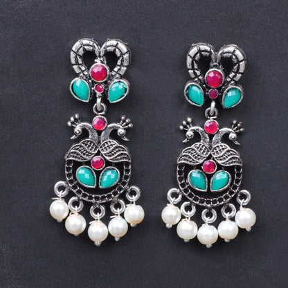 Multicolored Stone Studded Delicate Oxidised Earrings With Hanging Pearls