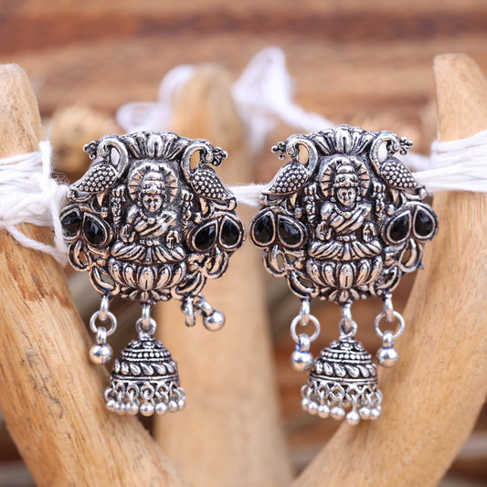 Black Stone Studded Laxmi Motif Earrings